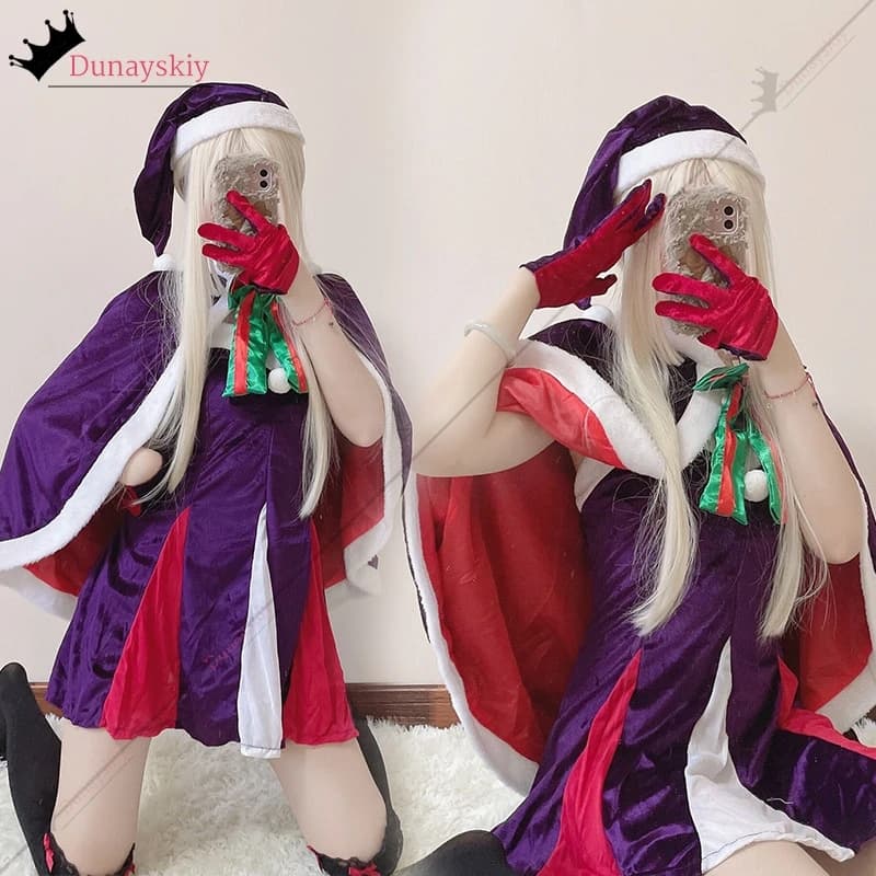 Viola Rosso Scialle di Natale Abito peloso Costumi Cospaly Babbo Natale Cappello con fiocco Set Uniforme da festa di Babbo Natale Spice Girls Natale