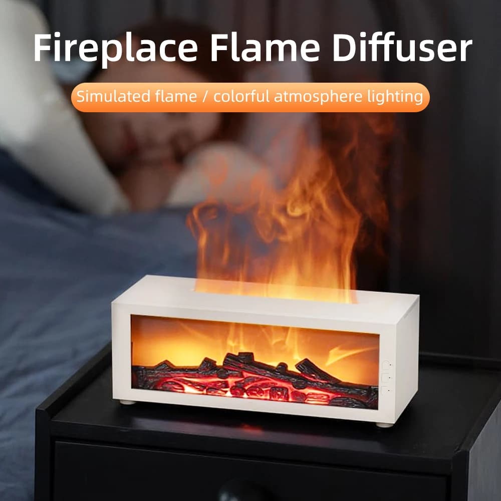 Umidificatore d'aria a tema caminetto Quiet Fire - LED a 7 colori, diffusore di oli essenziali per la casa - Umidificatore d'aria con effetto caminetto + Olio essenziale in omaggio