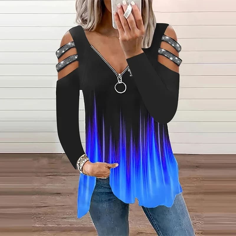 T-shirt con scollo a V con cerniera in colore sfumato T-shirt casual allentata con spalle scoperte Manica lunga Moda Top Abbigliamento da donna