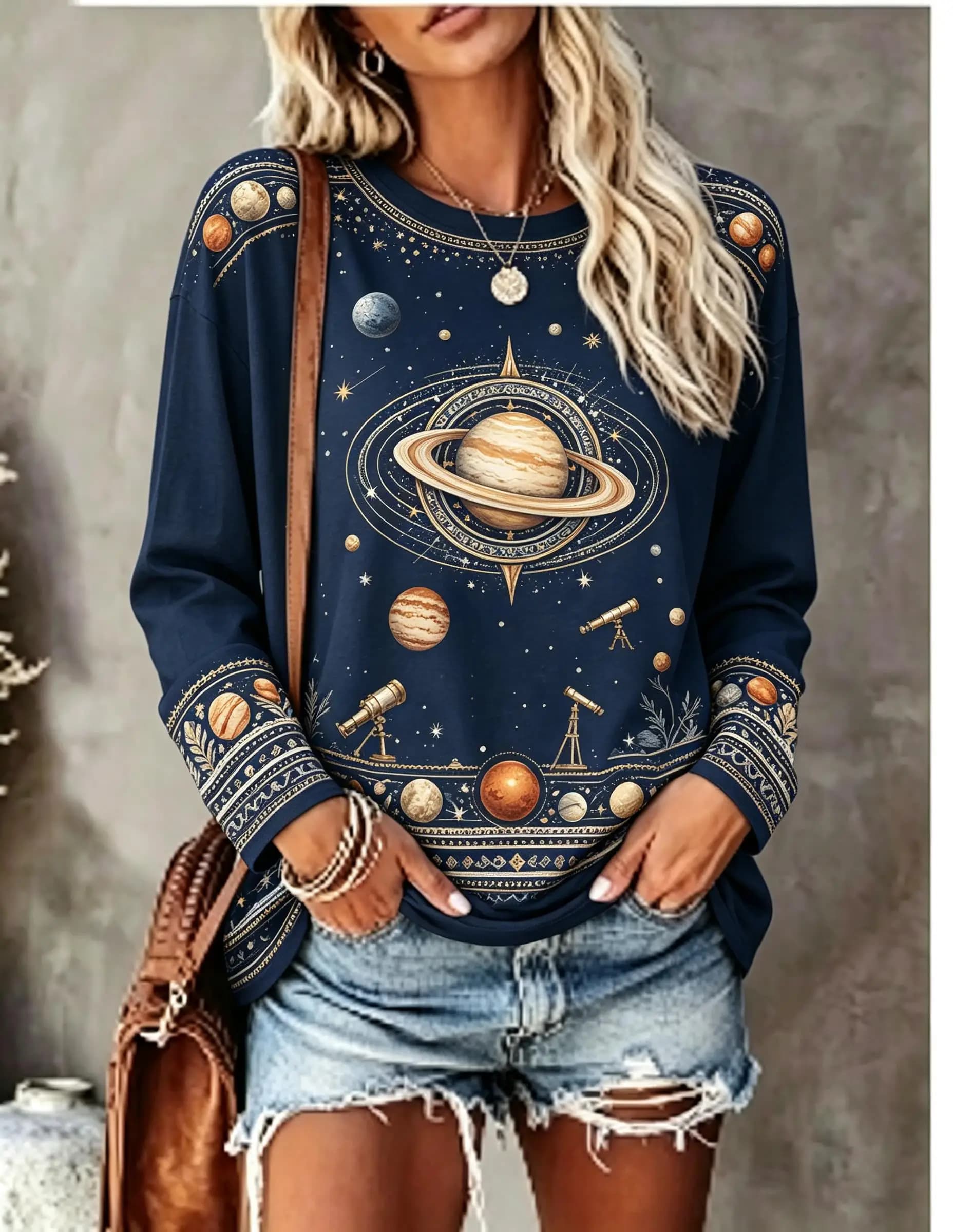 Women Long Sleeve T‑Shirt Boho Cosmic Planet Saturn Telescope Space Celestial Print Crew Neck Casual Tops