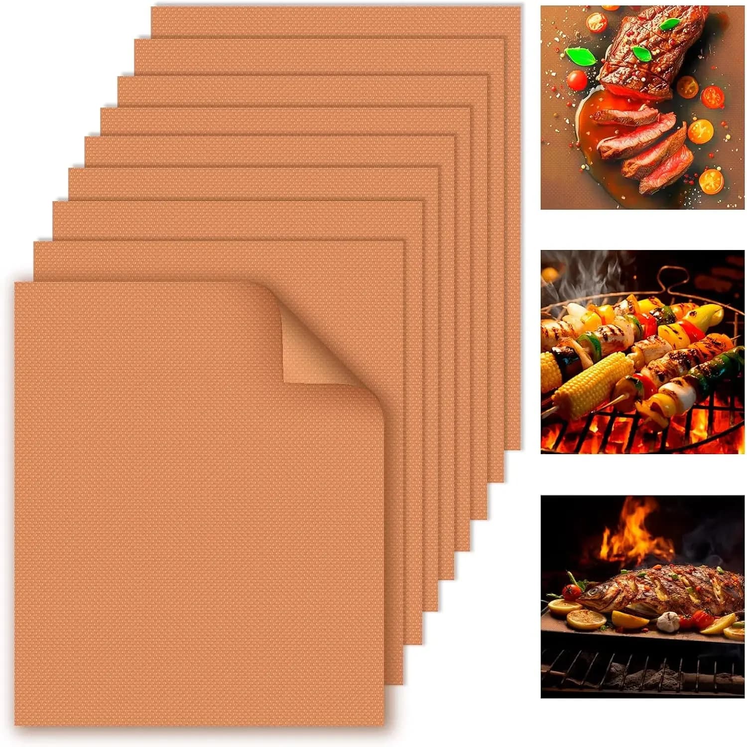 Copper Grill Mats 9-Pack, 15.75x13" Non-Stick Reusable BBQ Mat for Gas Charcoal Electric Grills, Easy Clean, PFOA-Free