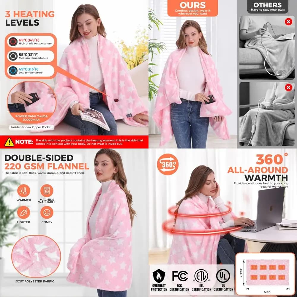 Coperta Riscaldata Portatile Senza Fili con Batteria da 20000mAh, 3 Livelli di Riscaldamento, Rosa, 59x35.5