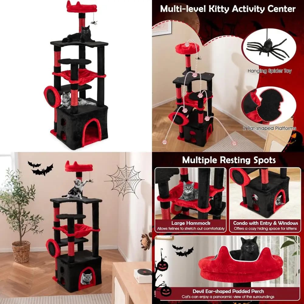 Albero per gatti di Halloween in stile gotico con tiragraffi in sisal, piattaforme per pipistrelli e giocattolo ragno