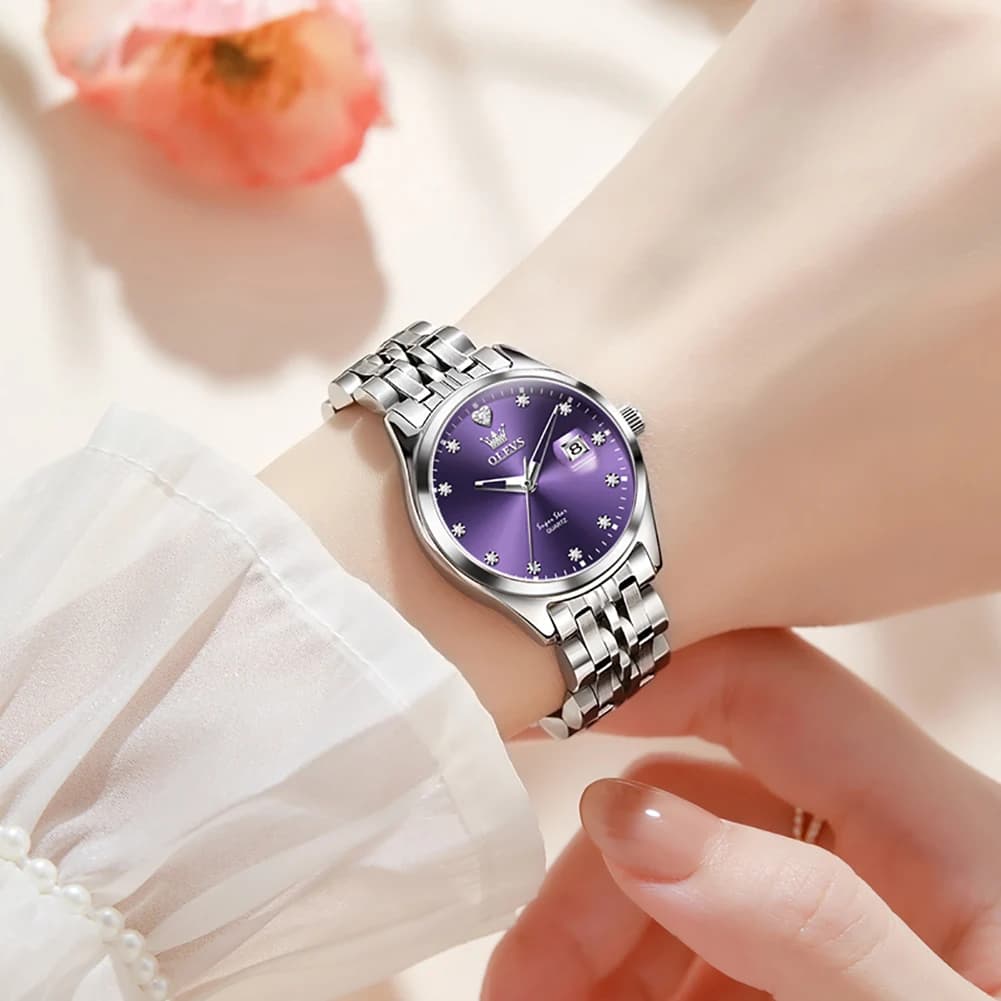 OLEVS Fashionable Purple Women's Watch Classic Waterproof Wrist Watch with Diamond Scale Calendar Original Women's Quartz Watch
