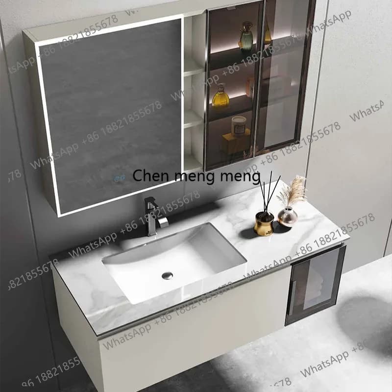 Armadietto a specchio intelligente F181, mobile bagno moderno nordico, mobile combinato, mobile pensile, mobile contenitore con ripiani in lastra di roccia