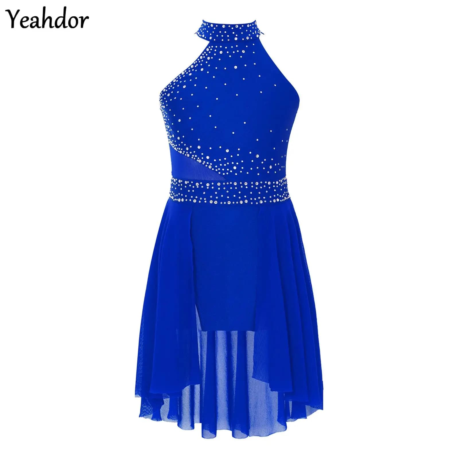 Vestito da Pattinaggio Artistico per Ragazze con Strass, Abito da Danza Lirica, Body da Ginnastica Senza Maniche con Gonna Irregolare, Abbigliamento da Danza