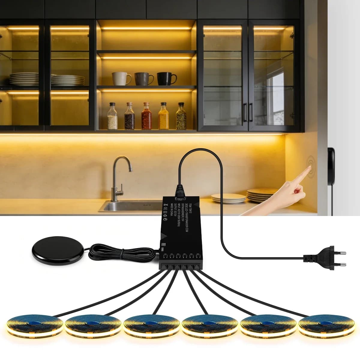 Set di Strisce LED COB Adesive con PCB Nero 320LED/M con Interruttore Touch Dimmerabile per Decorazione di Pareti Acustiche e Griglie Incorporate