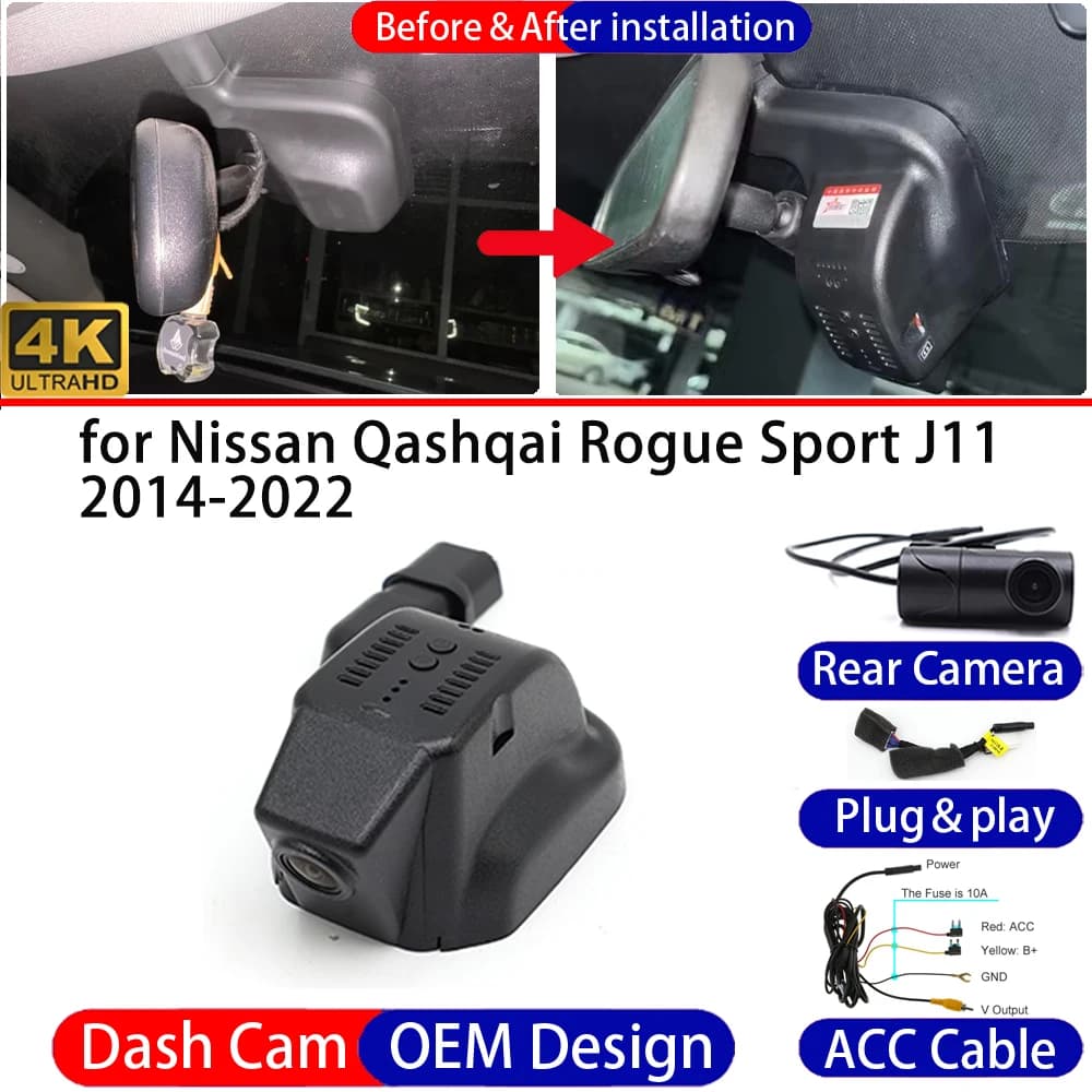 Dash Cam for Nissan Qashqai Rogue Sport J11 2014-2022 Front＆Rear 4K DVR Dashboard Camera Video Drive Recorder 24H Parking Mode