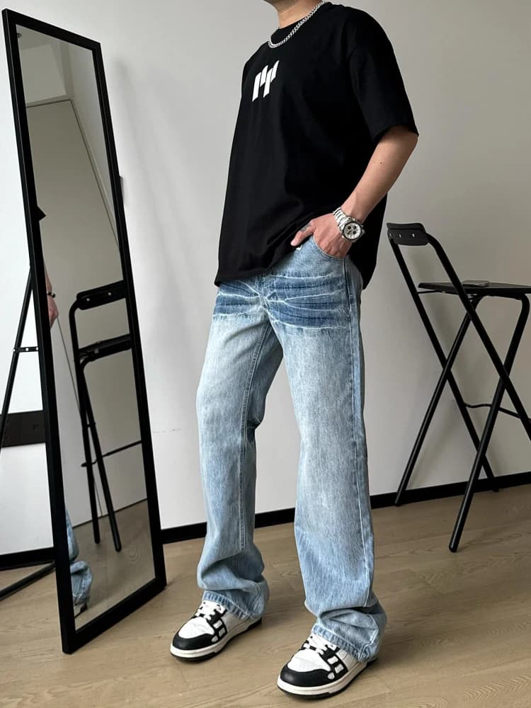 Ice Blue Men's Straight Leg Jeans with Lightning Wave Design American Vibe High Street Faion Long Pants Youth Trend Wear Re...
