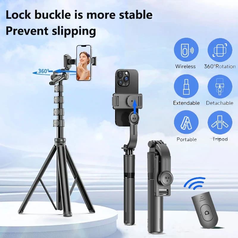 Treppiede per selfie stick con telecomando Bluetooth staccabile 360 ° Opzione luce di riempimento palo estensibile con rotazione per telefono Android Iphone