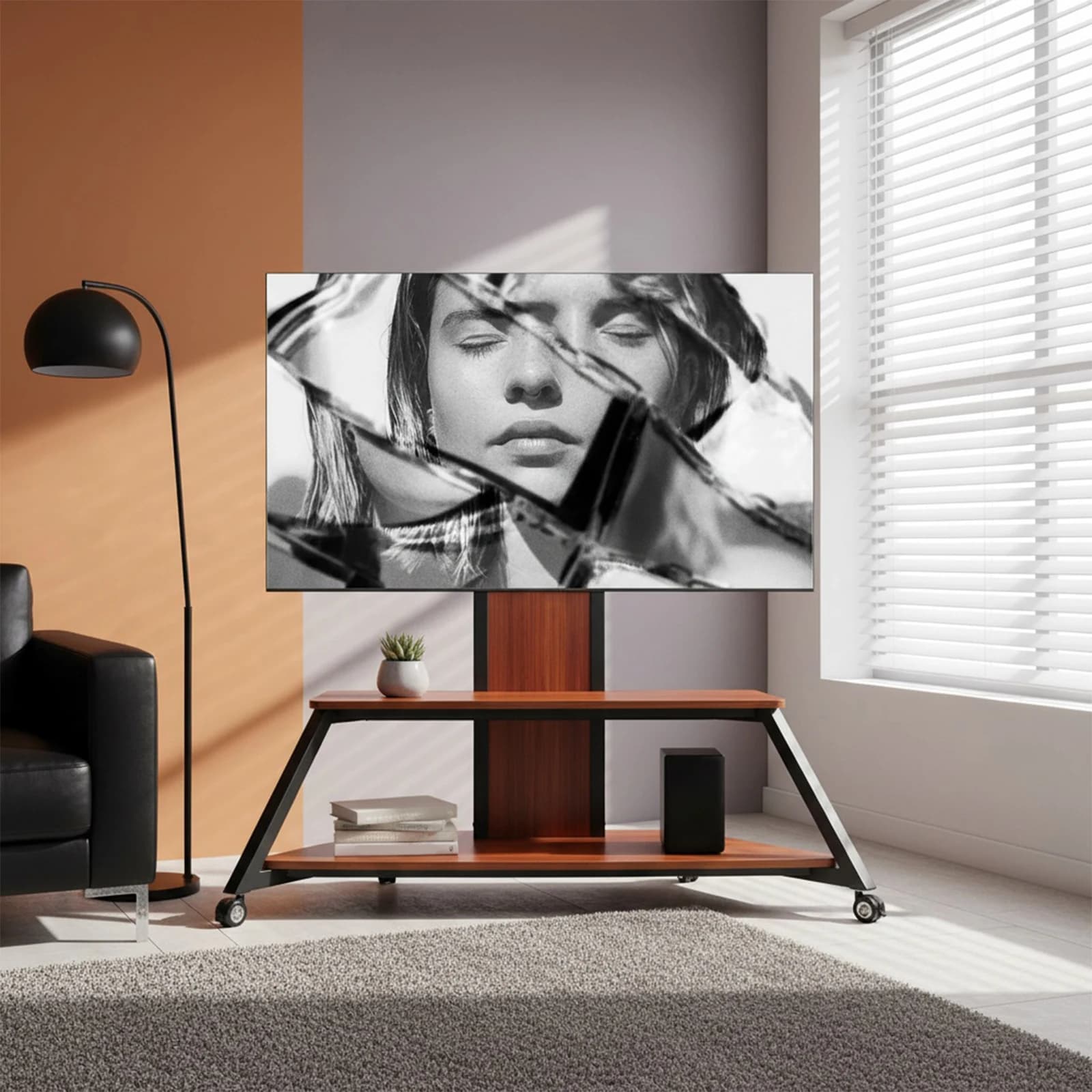 Floor TV stand with wheels for 60-100 inch TV up to 220 pounds with shelf, steel base, adjustable height and lockable wheels