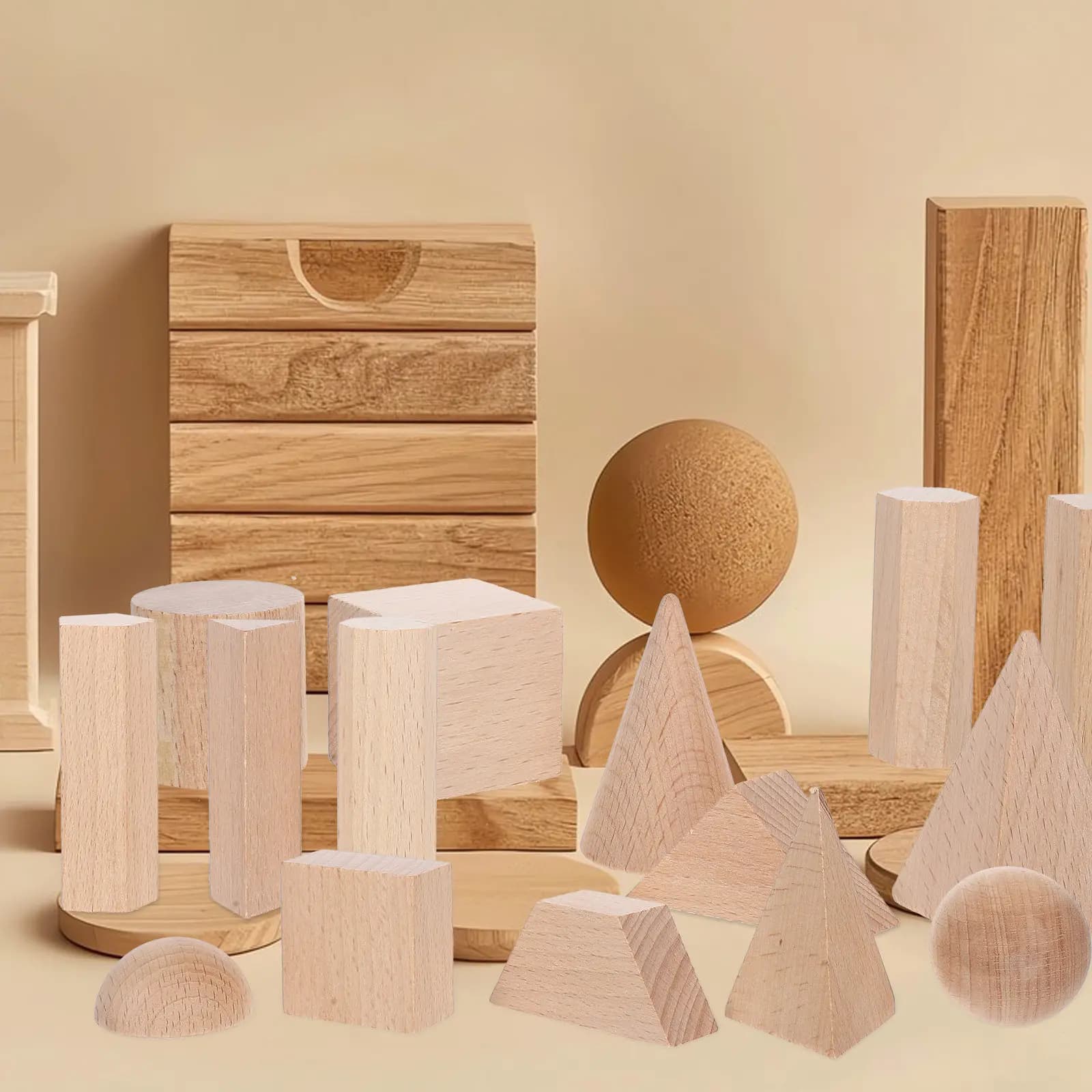 Set di 15 Blocchi Geometrici in Legno Naturale per l'Apprendimento Prescolare, Educazione Precoce, Matematica, Ordinamento e Impilamento Montessori