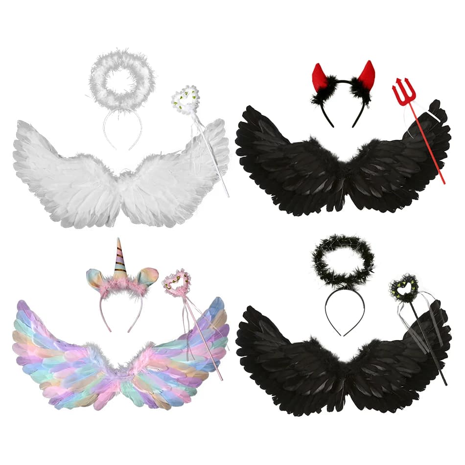 Kids Angel Wings And Magical Wand Props 3 Piece Set Halloween Devil Wings Girls Birthday Performance Accessories