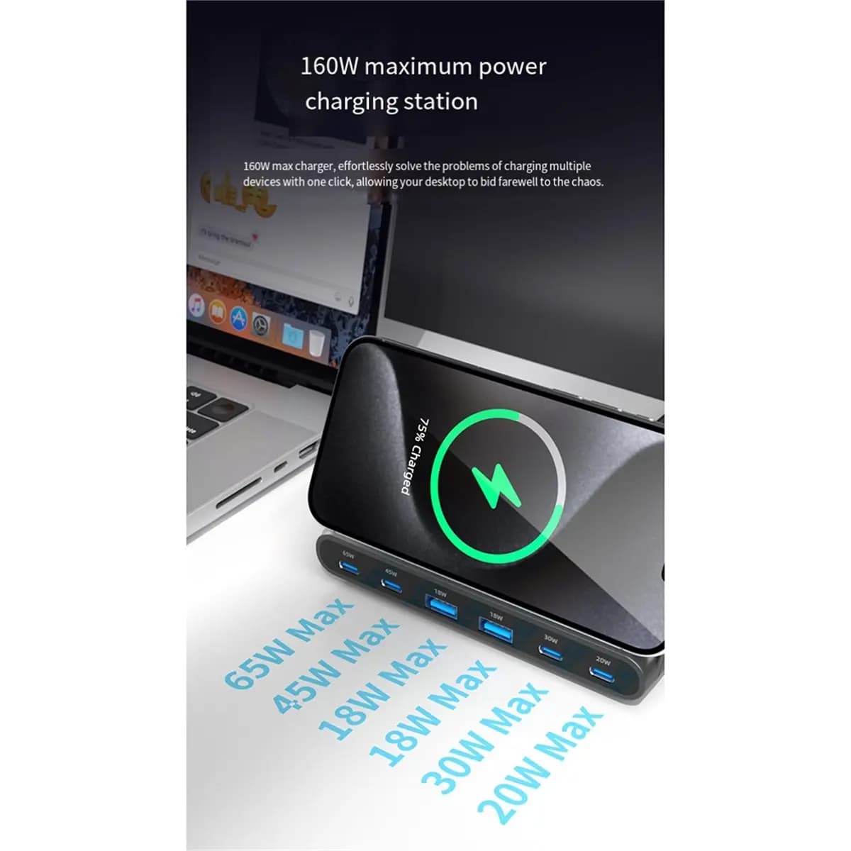 DT205 STOCK-160W USB Charging Station Wireless Charging 65W PD 45W GaN Charger Quick Charger for Laptop Tablet 15 EU PLUG