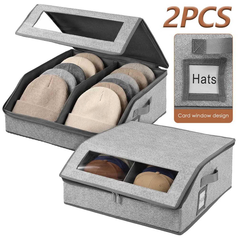 2Pcs Foldable Hat Storage Box Large Capacity Stackable Hat Container with Transparent Window Toy Baseball Cap Storage Organizer