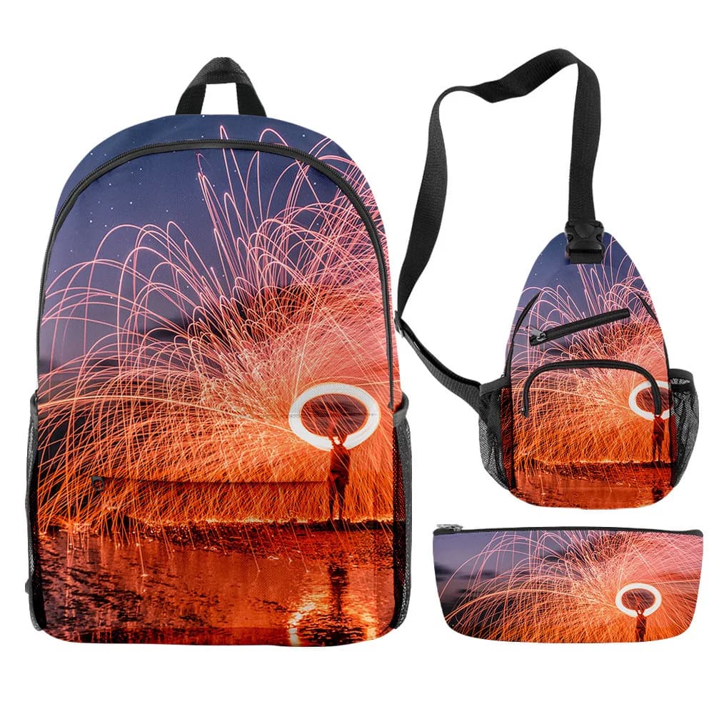 Cartoon Youthful Funny Flame aperture 3pcs/Set Backpack 3D Print Bookbag Laptop Daypack Backpacks Chest Bags Pencil Case