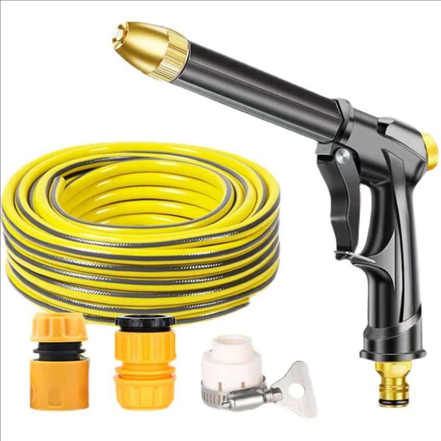 1 set di tubi gialli per irrigazione da giardino, tubi morbidi e resistenti all'usura, pistola ad acqua regolabile ad alta pressione, lunghezza selezionabile da 5 a 30 m