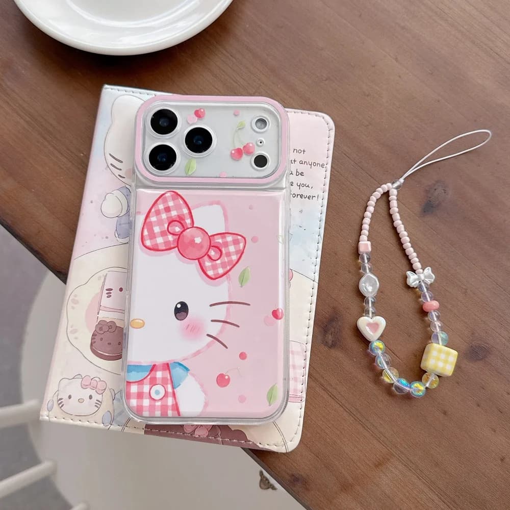 Luxury Hello Kitty Red Plaid Bow Cherry Phone Case For iPhone 15 16 17 Pro Max With Matching Beaded Chain Girly Protective Cover