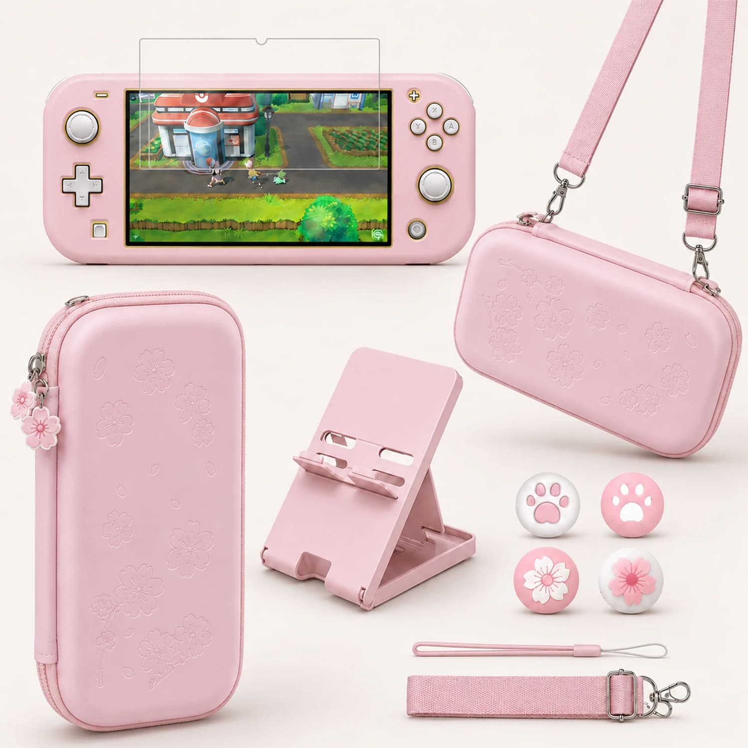 Accessori per custodia da viaggio rosa per Nintendo Switch Lite Borsa da trasporto carina Sakura Poch con supporto per cinturino Protezione in vetro per pellicola temperata