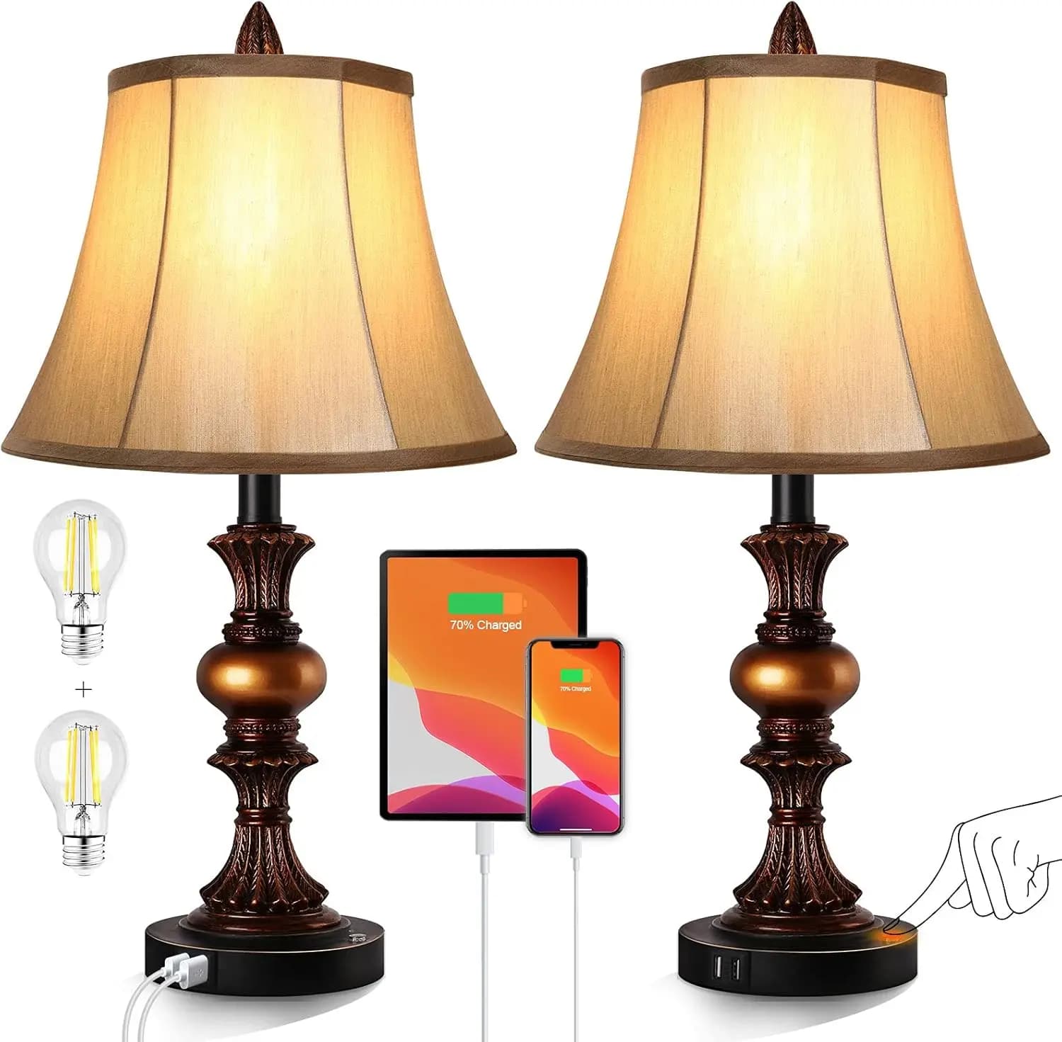 Set di Lampade da Tavolo Vintage in Bronzo con Ricarica USB, Controllo Touch Dimmerabile a 3 Livelli per Camera da Letto e Soggiorno