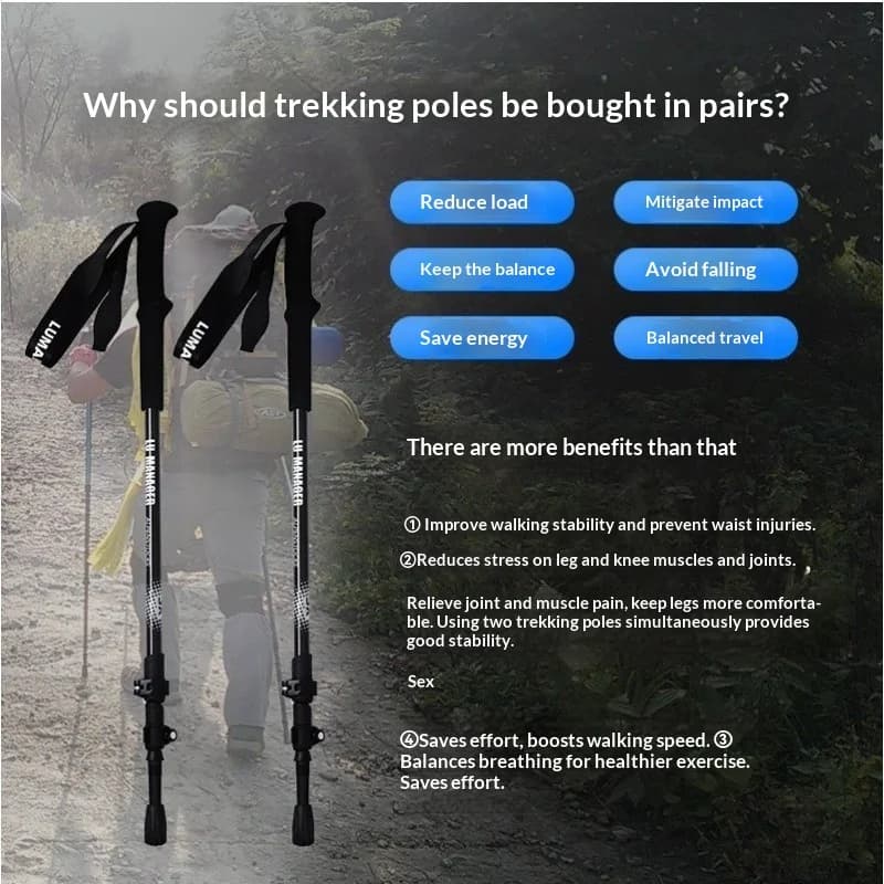 Bastoncini da Trekking in Fibra di Carbonio 3K, Regolabili e Pieghevoli, Antiurto, Antiscivolo, con Impugnatura Ergonomica, Leggeri