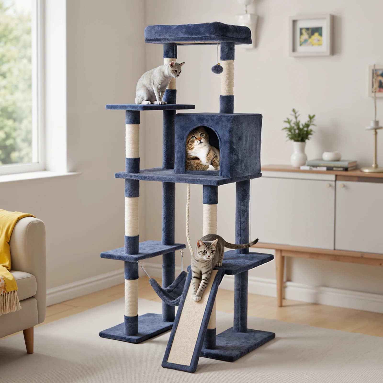 MCQ 63IN Albero per Gatti con Tiragraffi in Sisal Naturale, Torre da Arrampicata Multilivello con Cuccia per Gatti da Interno