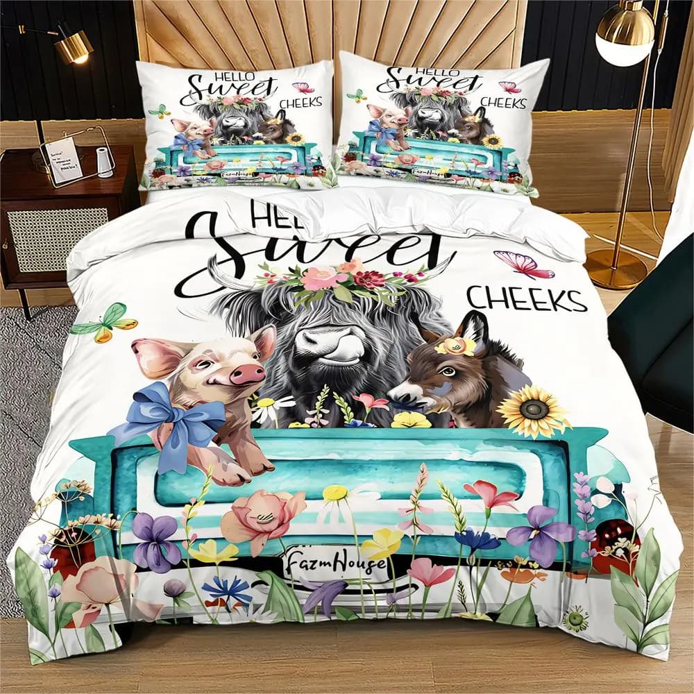 Farm Highland Cow Pig Duvet Cover Set Comforter Cover Bedding Set No Filler Country Soft Adult Bedroom Bedding Kit