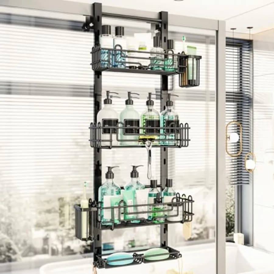 Organizzatore da Doccia a 4 Livelli da Appendere Sopra la Porta con 22 Ganci e 2 Porta Spazzolini, Senza Foratura, Regolabile