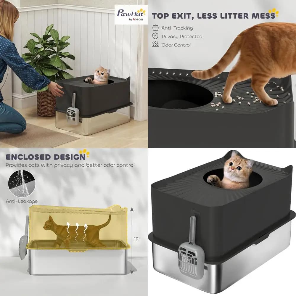 Lettiera per Gatti Extra Large Chiusa con Pareti Alte, Ingresso Superiore, Paletta, Anti-Perdita, Antiaderente, Nera