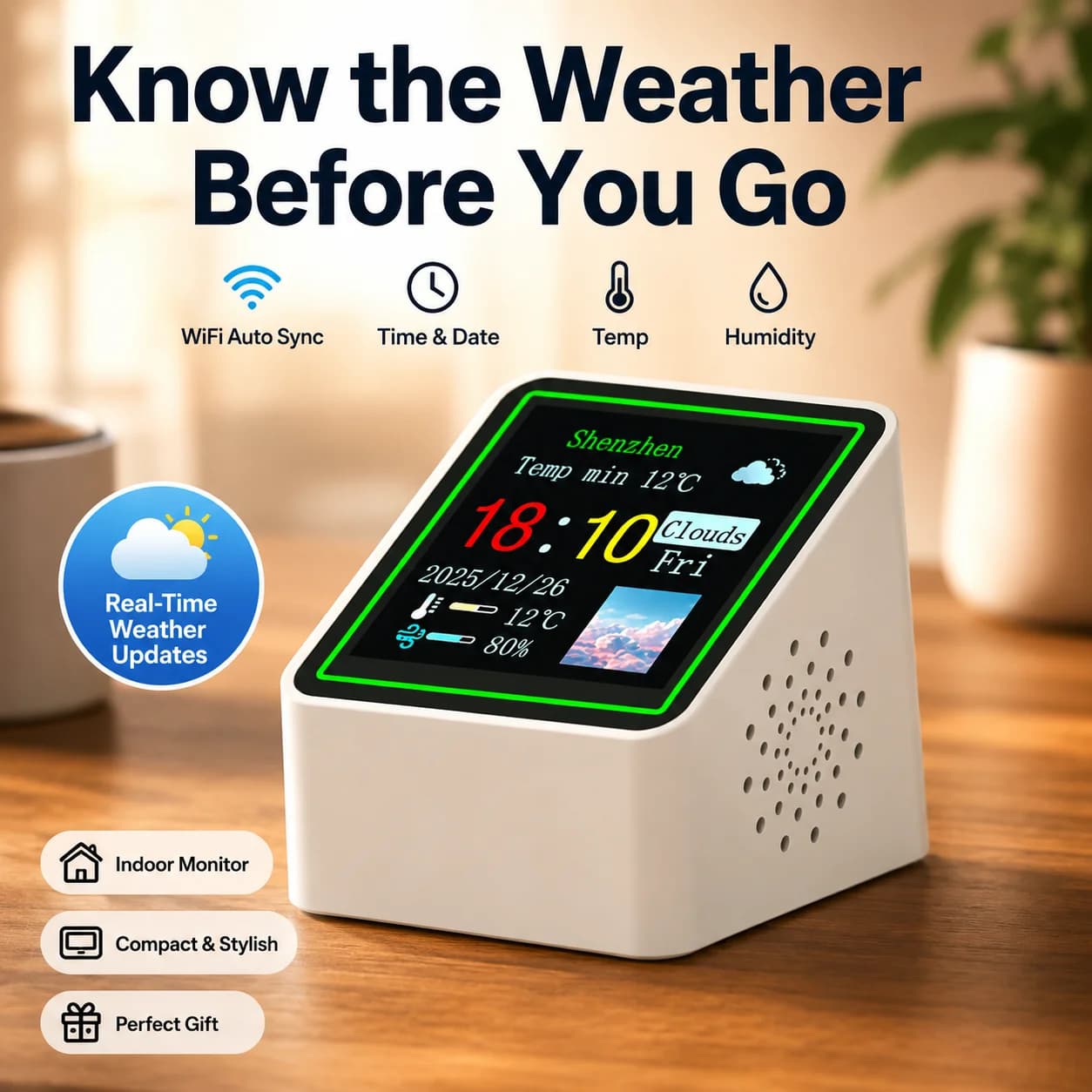 WiFi Smart Weather Station Clock Digital Desktop Calendar with Indoor Temperature Humidity Monitor Electronic Photo Frame Bedsid