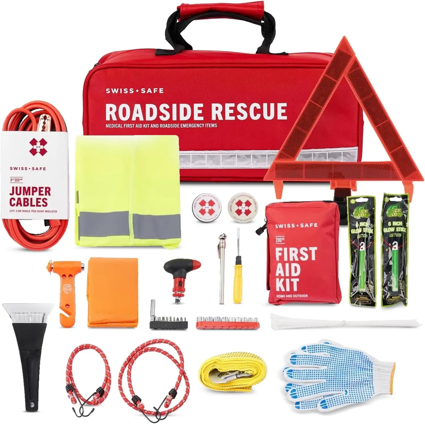 Kit di Pronto Soccorso 2-in-1 da 233 Pezzi per Auto, Viaggi e Casa con Cavi di Avviamento e Attrezzi