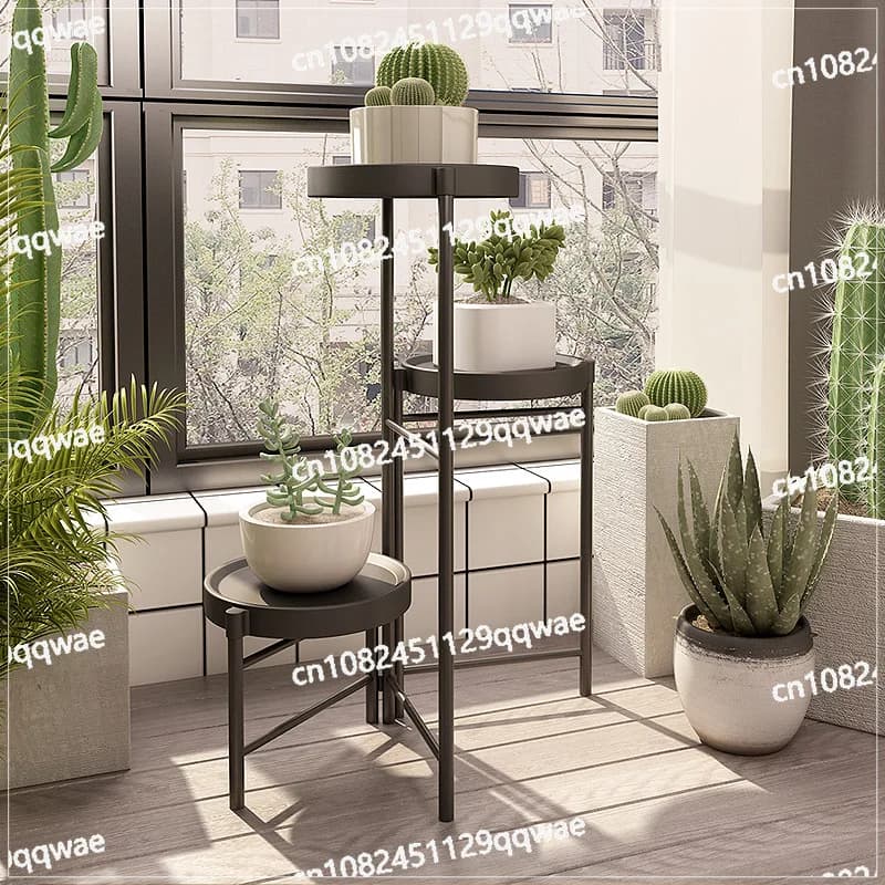 Folding Wrought Iron Flower Stand for Balcony and Indoor Use, Metal Floor-to-Ceiling Plant Stand for Small Potted Plants