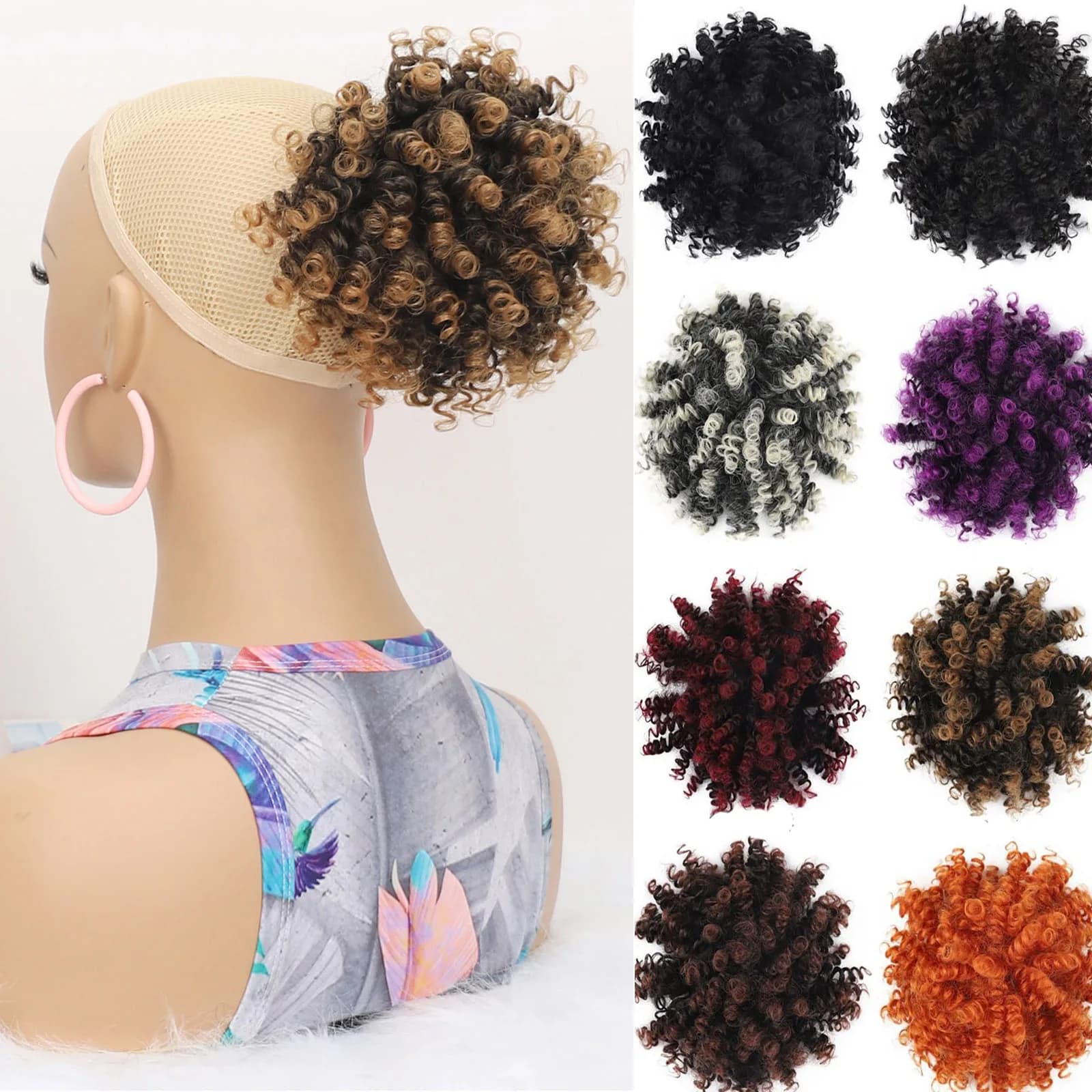 Parrucca Afro Puff per Donne, Chignon Sintetico Riccio e Voluminoso con Rete, Estensione Corta per Capelli Afroamericani