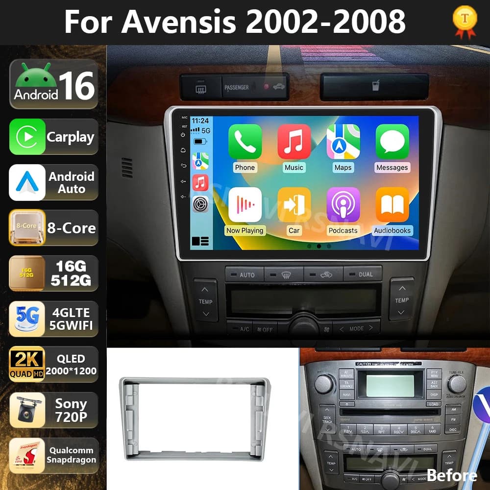 Qualcomm Android 16 For Toyota Avensis T250 2 II 2003 - 2009 Car Radio Navigation Multimedia Player Stereo GPS WiFi Carplay Auto