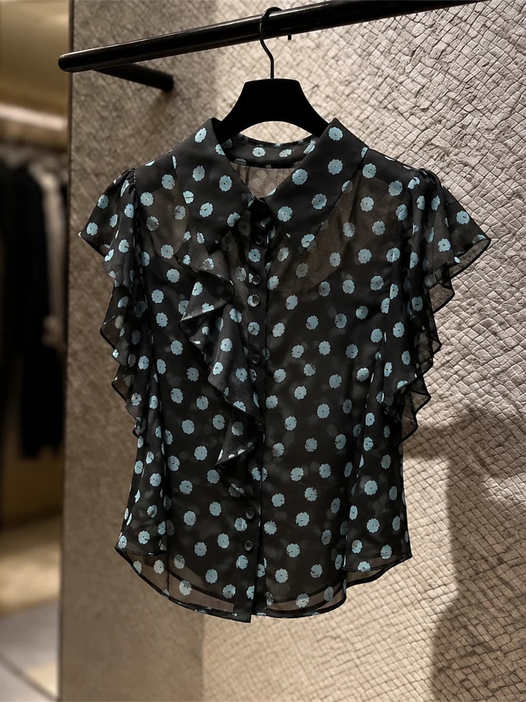 Camicetta estiva da donna in chiffon con stampa a pois dal design unico, colletto versatile, stile coreano, per il lavoro e il tempo libero