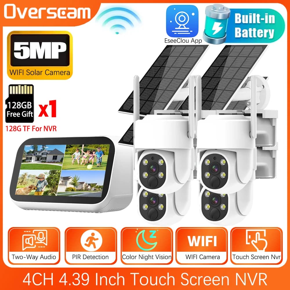 Mini 4CH 4.39 pollici NVR 5MP Wifi Solar PTZ Kit telecamera di sorveglianza di sicurezza wireless esterna Set sirena allarme Audio bidirezionale