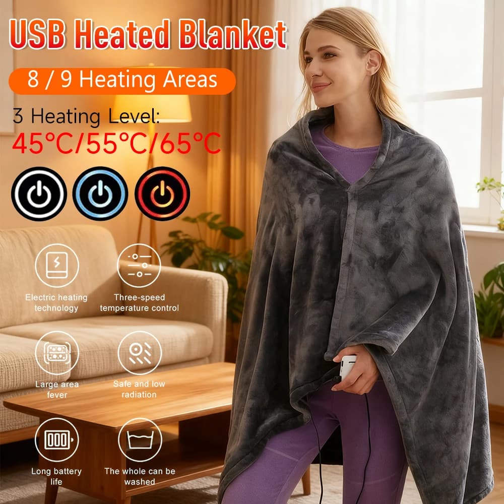 USB Heated Blanket Heated Blanket Shawl 3 Heating Level Wearable Electric Blanket Coral Velvet 9 Heated Areas for Autumn Winter