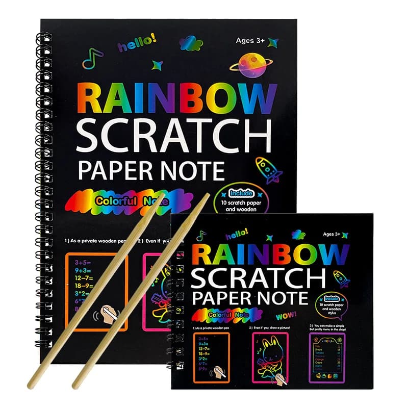 Rainbow Scratch Paper Note Libro d'arte per bambini Nero Fai da te Arcobaleno Art Paper Card Neon Scratch Book con bastone di legno