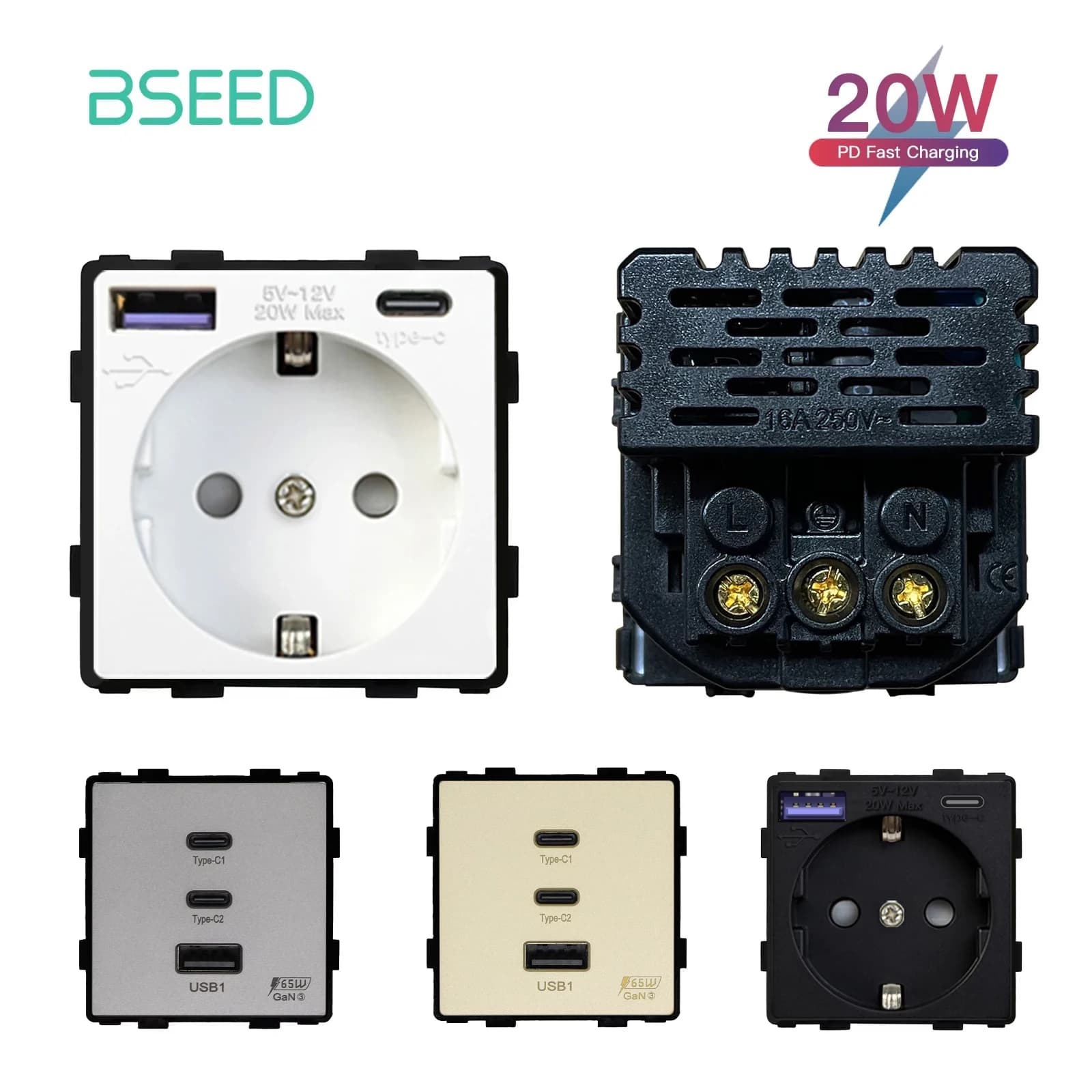 BSEED PD Ricarica rapida Presa USB Tipo-c 20W Modulo Parte Carica telefono Presa a muro standard UE Chiave funzione fai da te senza cornice