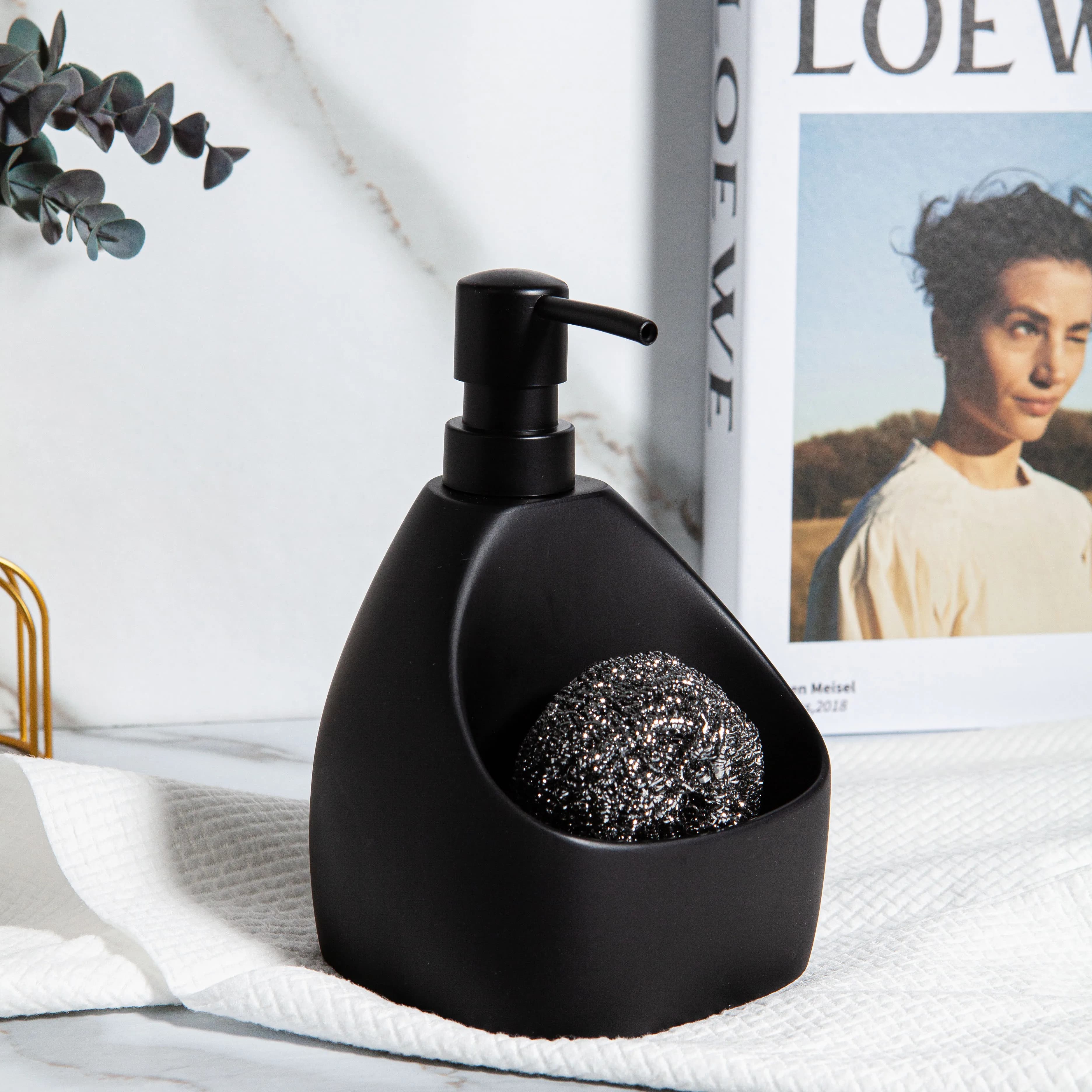 Black Resin Soap Dispenser with Sponge Holder Soap Dish Kitchen Bathroom Pump Bottle for Liquid Hand Soap Lotion 400ml