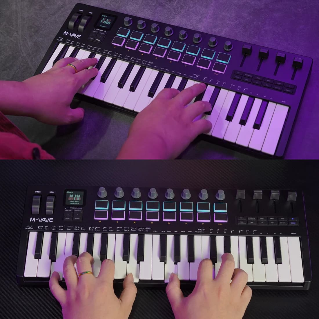M-VAVE SMK-37 Pro Controller MIDI portatile a 37 tasti Nero Bianco 16 cuscinetti RGB 8 manopole Sintetizzatore incorporato Tastiera Produzione musicale