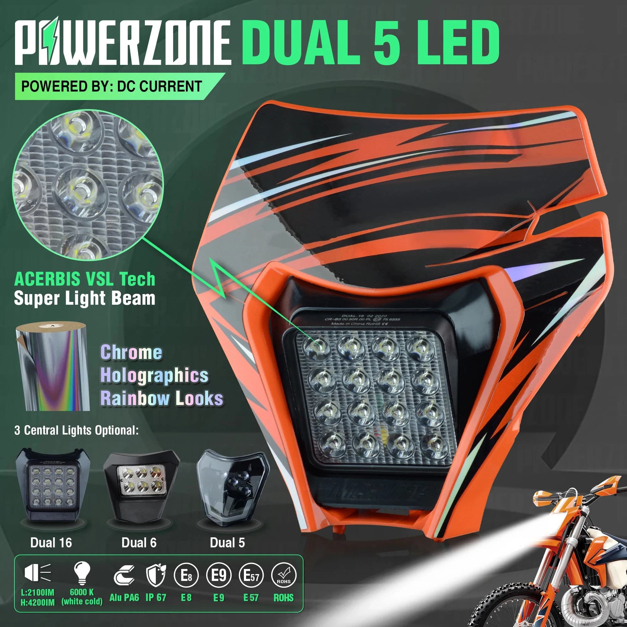 PowerZone Moto Faro A LED Per KTM EXC SXF MX Faro Testa Luci Supermoto Carenatura Dirt Bike Enduro Faro A LED