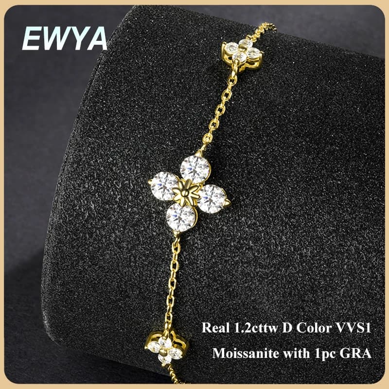 EWYA Clover GRA Certificate 1.2cttw Moissanite Bracelet with Diamonds for Women 18K Gold Chain Bracelets Plated Silver 925