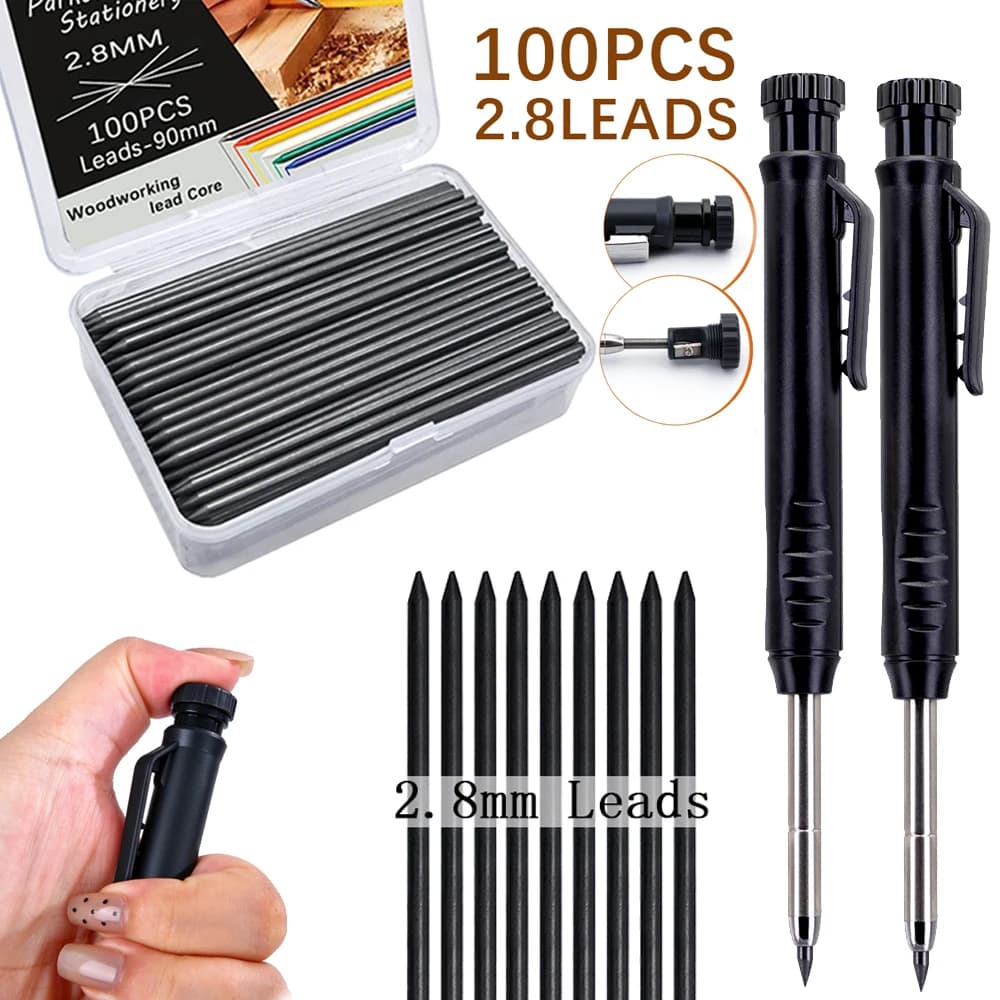 2.8mm Long Headed Solid Carpenter Mechanical Pencil Set With 100 Leads, for Deep Hole Woodworking Architectural Marking Tool