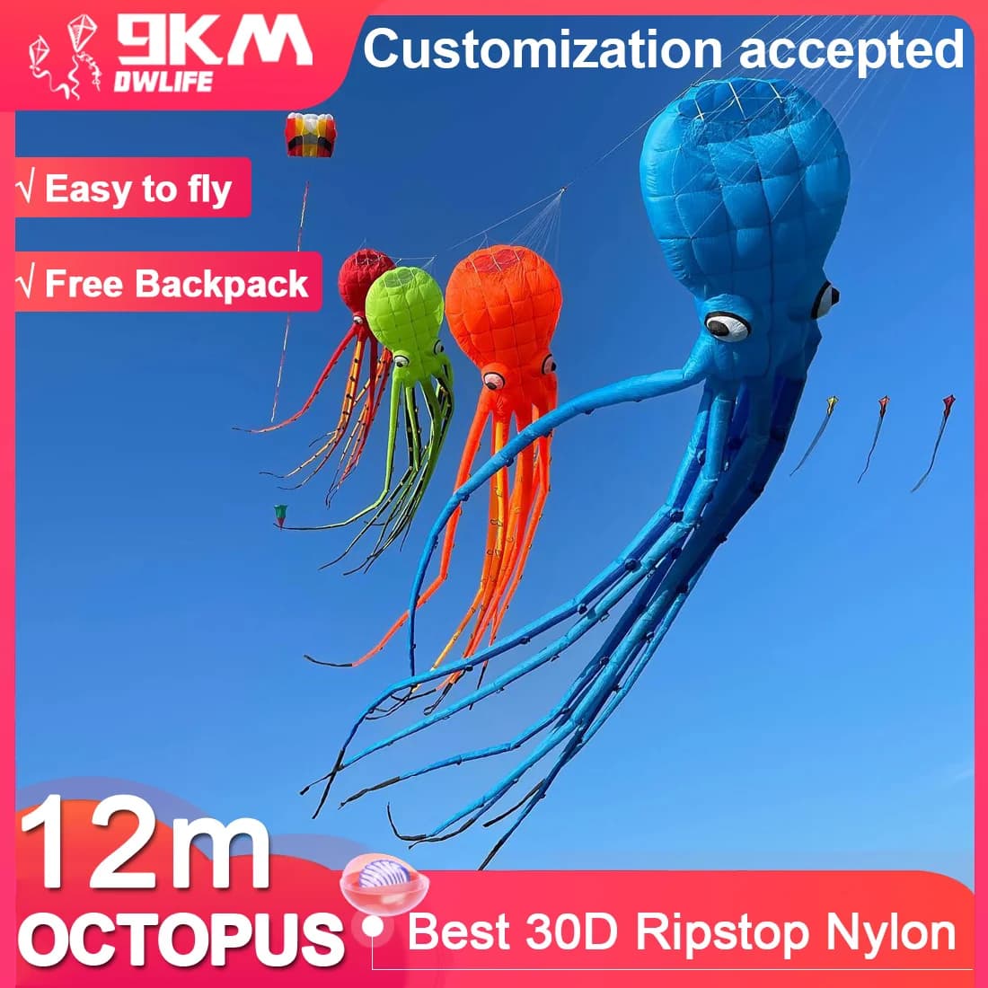 9KM 12m Octopus Kite Line Laundry for Adults High Quality Ripstop Nylon Soft Inflatable Fish Show Kite Pendant with Bag