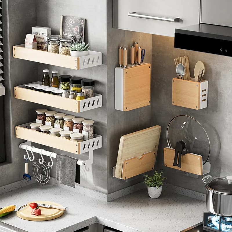 7pcs Kitchen Organizer Set Wood Stainless Steel Spice Rack Wall Mount No-Drill for Home Save Space No Mess No Wall Damage
