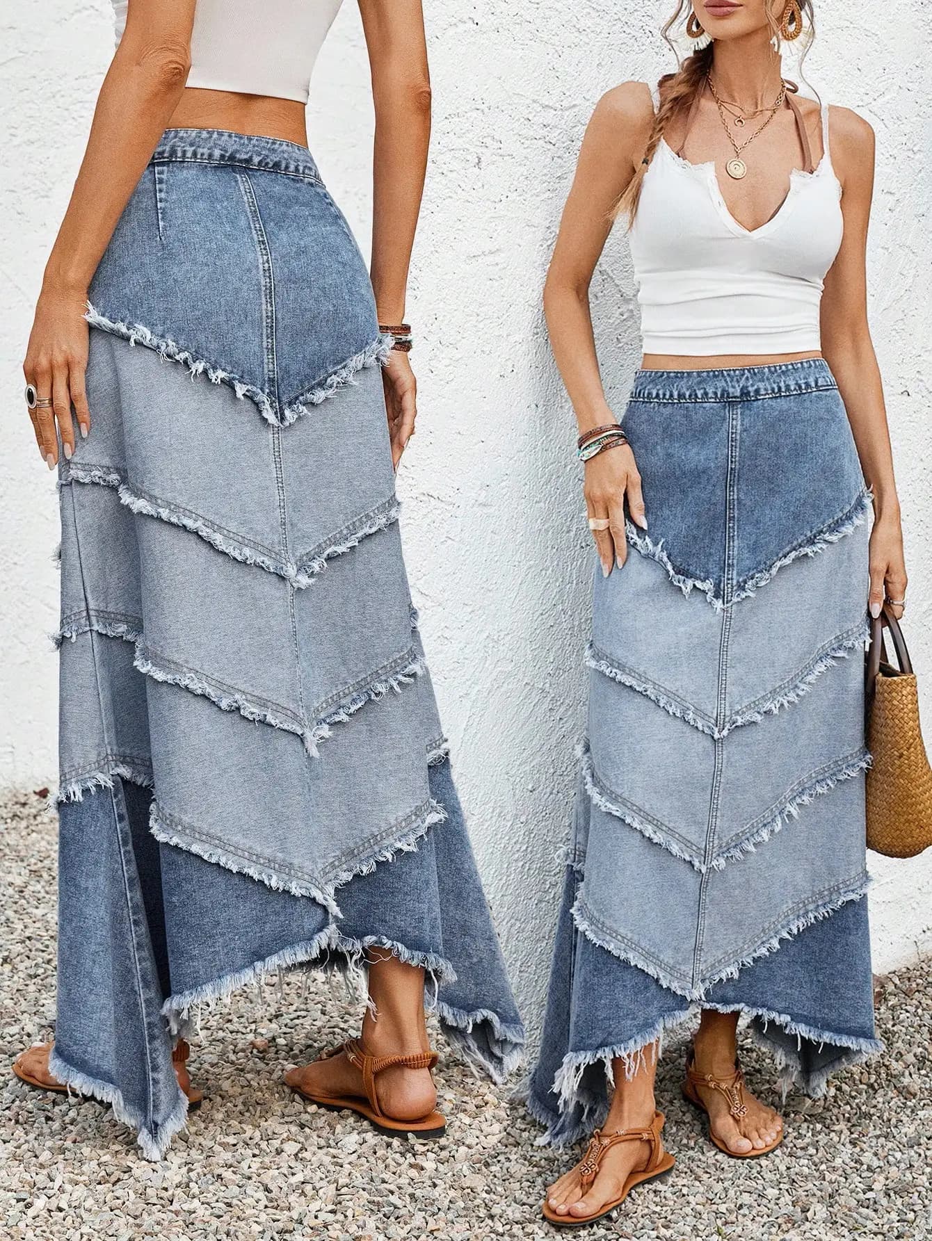 Gonna midi asimmetrica in denim da donna con orlo sfrangiato, stile streetwear casual