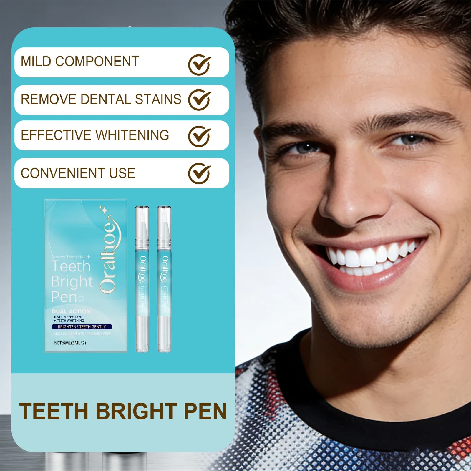 Quick action tooth whitening pen, removes yellow spots on teeth, not irritating, durable white smile, easy to use, delicate gel for dental care