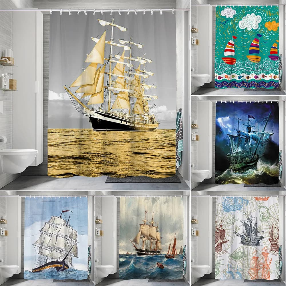 Nave ancora timone barca tenda da doccia pirata barca a vela stelle marine bagno appeso a parete tende ganci impermeabili decorazione dello schermo
