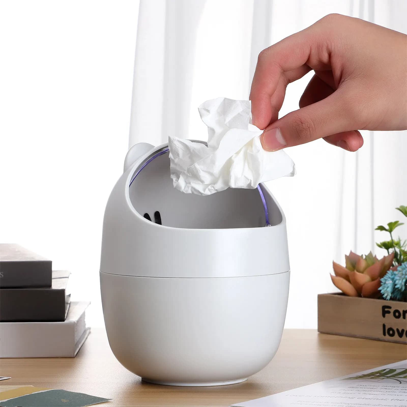 2 mini pattumiere a forma di gatto, adorabili cestini da scrivania con coperchio, piccoli contenitori per rifiuti per ufficio e toeletta
